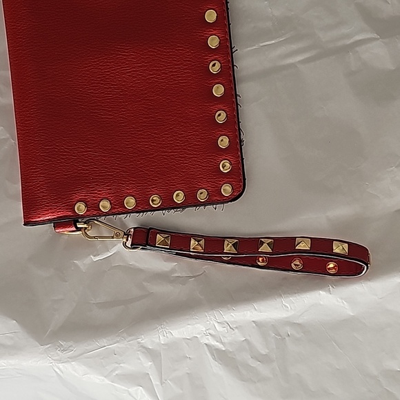 Vegan Red Envelope Clutch Wristlet Gold Hardware - Picture 5 of 7